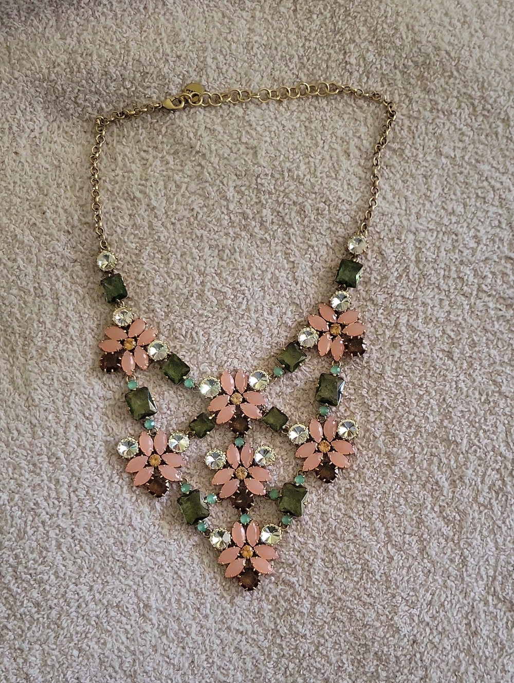 Stella & Dot Pink Floral Statement Necklace with Green and Clear Accents